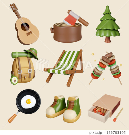 Camping adventure icons illustrating outdoor fun and activities. 3D render illustration Camping adventure icons illustrating outdoor fun and activities. 3D render illustration 126703195