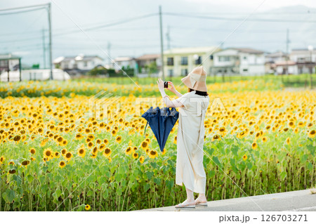 <安曇野>新村ひまわり畑を楽しむ女性の後ろ姿 <安曇野>新村ひまわり畑を楽しむ女性の後ろ姿 126703271