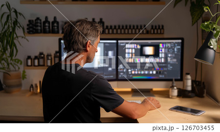 Remote worker managing online business from industrial workspace 126703455