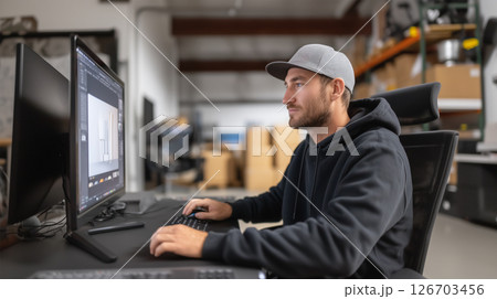 Freelancer using computer in contemporary warehouse office setup 126703456