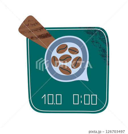 Digital coffee scale with scoop or deep spoon filled with coffee beans. Coffee brewing and measurement. Flat cartoon icon, vector illustration. Great for coffee guides, infographics, and branding 126703497