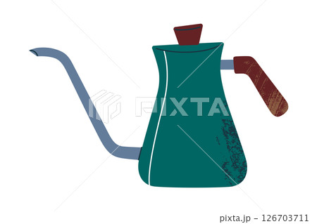 Gooseneck kettle with long thin spout and wooden handle, for precise pour over coffee brewing. Flat cartoon style, vector illustration. Textured iocon for coffee tutorials, branding, and infographics 126703711