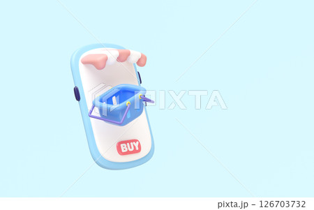 3D mobile phone with store, cart, basket, isolated on blue. Ideal for online shopping , represents e-commerce and online retail. cartoon minimal and modern design. 126703732
