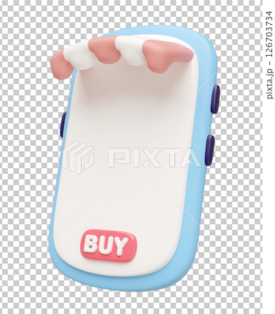 3D blue mobile phone with store front, Ideal for online shopping concepts. Minimal and modern design. 126703734