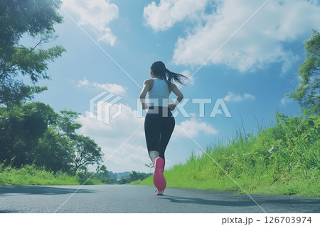 青空の下を走る女性の後ろ姿と健康的なライフスタイル 青空の下を走る女性の後ろ姿と健康的なライフスタイル 126703974