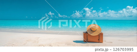 ビーチに置かれたトランクと麦わら帽子 126703995