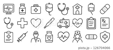 Healthcare hand drawn style icon symbol set. Medical Line Drawing icons collection. Hospital doctor logo pack. Vector illustration image. Isolated on white background. 126704066