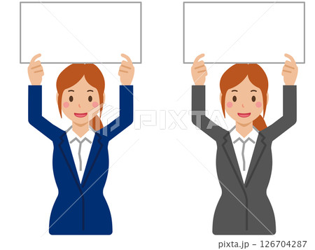 笑顔でボードを掲げるポニーテールの女性。スーツ姿の上半身 笑顔でボードを掲げるポニーテールの女性。スーツ姿の上半身 126704287