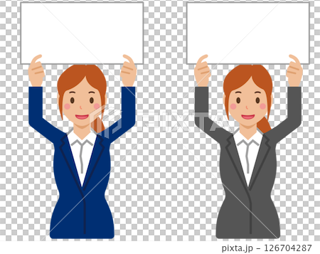 笑顔でボードを掲げるポニーテールの女性。スーツ姿の上半身 笑顔でボードを掲げるポニーテールの女性。スーツ姿の上半身 126704287