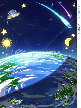【手描き素材】ポップなイラスト調の地球と宇宙の背景 126704413