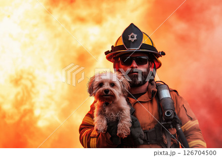 Firefighter rescues small dog amid dramatic flames during emergency response 126704500