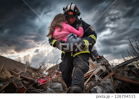 Rescue worker carries woman through debris after disaster in stormy weather 126704515