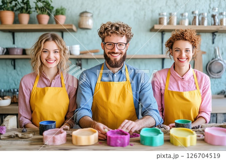 Young couple happily making natural soap in a creative workshop kitchen 126704519