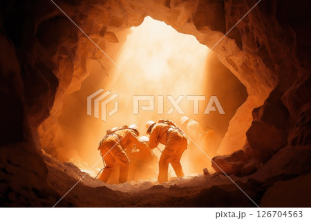 Rescuers pulling a man from a cave after a collapse during a rescue operation 126704563