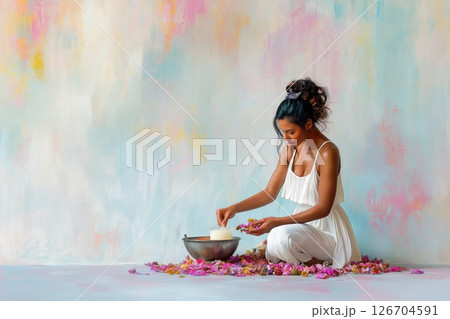 Young woman creates fragrant candles with dried flowers in a bright artistic space 126704591