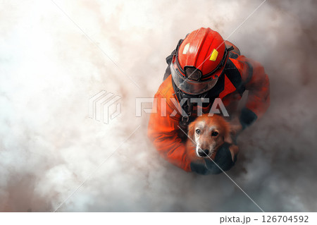 Firefighter rescues dog from smoke filled environment amidst rescue operation 126704592