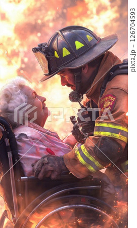 Young male firefighter performs heroic rescue of elderly woman in fire emergency 126704593