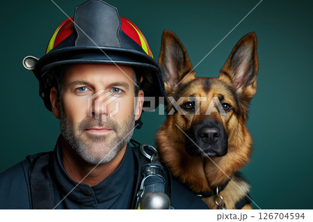 Firefighter stands proudly with rescue dog showcasing strong bond and teamwork in service 126704594