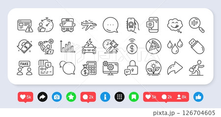 Bus, Timer and Search text line icons pack. Social media: share, comment, like icons. Finance calculator, Messenger, Internet warning web icon. Video conference, Settings, Airplane pictogram. Vector 126704605