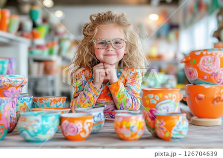 Teenage girl joyfully decorating colorful homemade pottery in vibrant studio Teenage girl joyfully decorating colorful homemade pottery in vibrant studio 126704639
