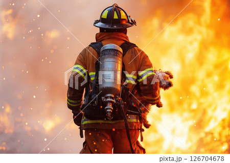 Firefighter rescues small dog from blazing inferno during emergency response operation 126704678