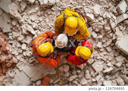 Rescuers working together to save a man trapped under rubble in urban disaster response Rescuers working together to save a man trapped under rubble in urban disaster response 126704691