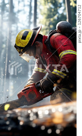 Firefighter using chainsaw to clear fallen trees in forest during wildfire response efforts Firefighter using chainsaw to clear fallen trees in forest during wildfire response efforts 126704712