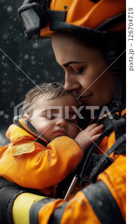 Paramedic comforts baby during emergency response in difficult weather conditions 126704719