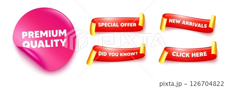 Premium quality sticker, offer ribbons. New arrivals, Click here. Premium quality tag. High product sign. Top offer symbol. Pink sticker tag. Flag ribbon banners. Vector 126704822