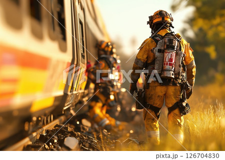 Rescue team assists survivors after train derailment in the late afternoon light 126704830