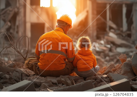 Rescue worker provides comfort to child in devastated urban area during sunset 126704835