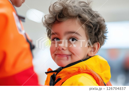 Paramedic provides care to young boy experiencing a nosebleed in a medical facility Paramedic provides care to young boy experiencing a nosebleed in a medical facility 126704837