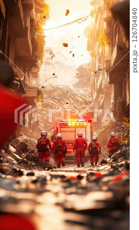 Emergency responders navigate debris to aid individuals in crisis after a disaster 126704840