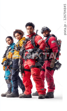 Rescue workers showing teamwork and readiness with equipment in a studio setting Rescue workers showing teamwork and readiness with equipment in a studio setting 126704845