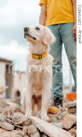 Rescue dog stands confidently on rubble beside handler during recovery efforts Rescue dog stands confidently on rubble beside handler during recovery efforts 126704851