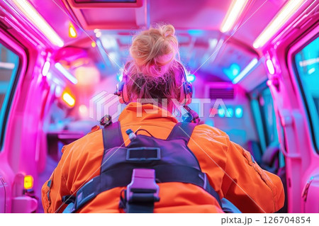 Female paramedic assisting a woman in labor during night shift in an ambulance Female paramedic assisting a woman in labor during night shift in an ambulance 126704854