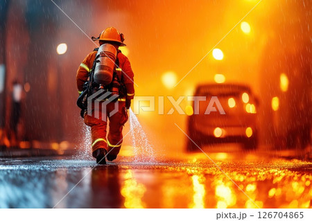 Firefighter sprays water on flames during midnight emergency response in urban setting 126704865
