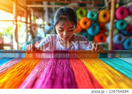 Young woman skillfully weaving vibrant threads in a traditional workshop 126704894