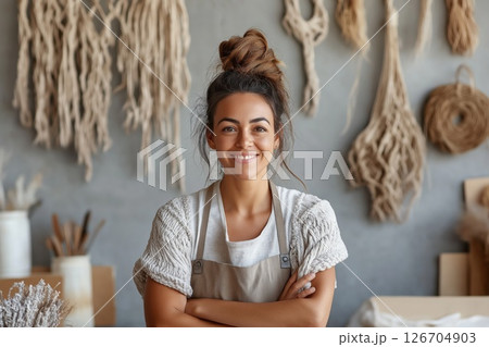 Woman crafting intricate macrame in a creative workshop space 126704903