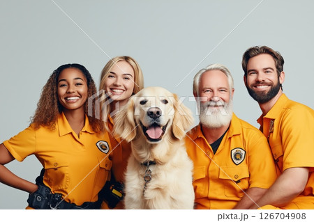 Emergency responders and their loyal canine partner unite for a cheerful group photo Emergency responders and their loyal canine partner unite for a cheerful group photo 126704908