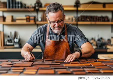 Man creating leather belts through stamping in a workshop Man creating leather belts through stamping in a workshop 126704909