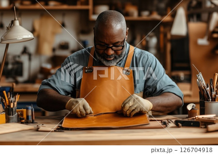 Man of African descent restores old leather in workshop with focus and skill 126704918