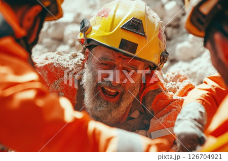 Rescuers help man trapped under rubble in disaster recovery operation Rescuers help man trapped under rubble in disaster recovery operation 126704921