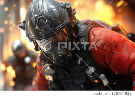 Firefighter courageously rescues man from smoke filled building during emergency response Firefighter courageously rescues man from smoke filled building during emergency response 126704922