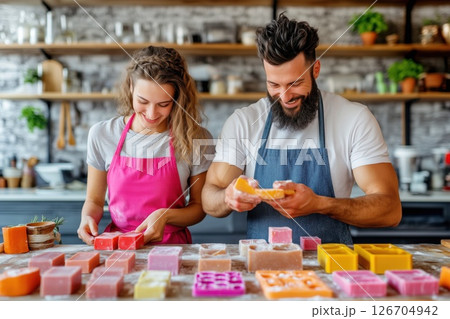 Young couple enjoys making natural soap together in a cozy kitchen Young couple enjoys making natural soap together in a cozy kitchen 126704942
