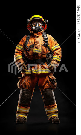 Firefighter poses confidently in full protective gear against solid black background Firefighter poses confidently in full protective gear against solid black background 126704949