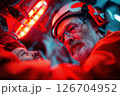 Paramedic checks vitals of injured man during emergency response in medical environment 126704952