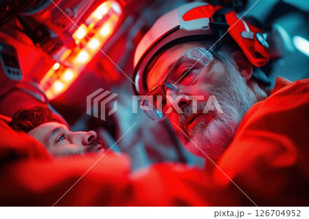 Paramedic checks vitals of injured man during emergency response in medical environment 126704952