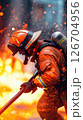Young female firefighter skillfully controls fire hose in challenging blaze environment 126704956