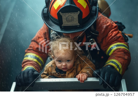 Firefighter rescues child during emergency response in heavy rain Firefighter rescues child during emergency response in heavy rain 126704957